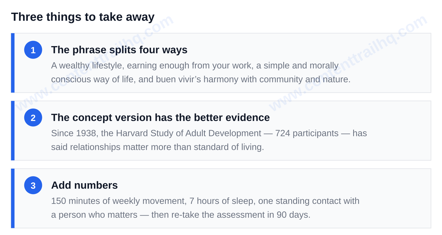 Three things to take away: the phrase splits four ways, the concept version has the better evidence, and add numbers — the good living