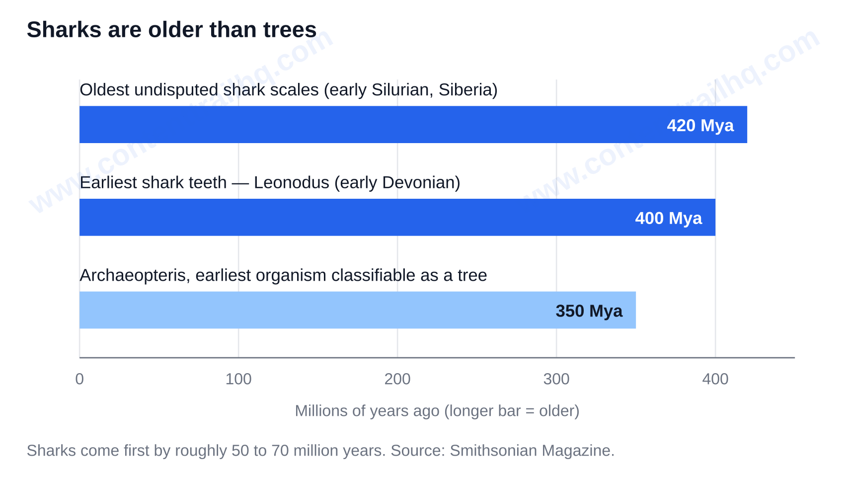 Sharks are older than trees: oldest shark scales 420 million years ago, earliest shark teeth 400 million years ago, earliest tree 350 million years ago — fun facts for kids