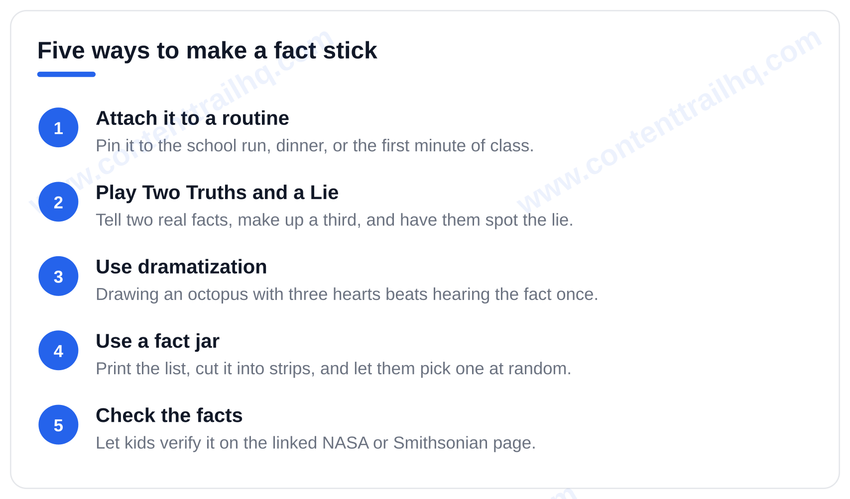 Five ways to make a fun fact stick: attach it to a routine, play Two Truths and a Lie, use dramatization, use a fact jar, check the facts — fun facts for kids