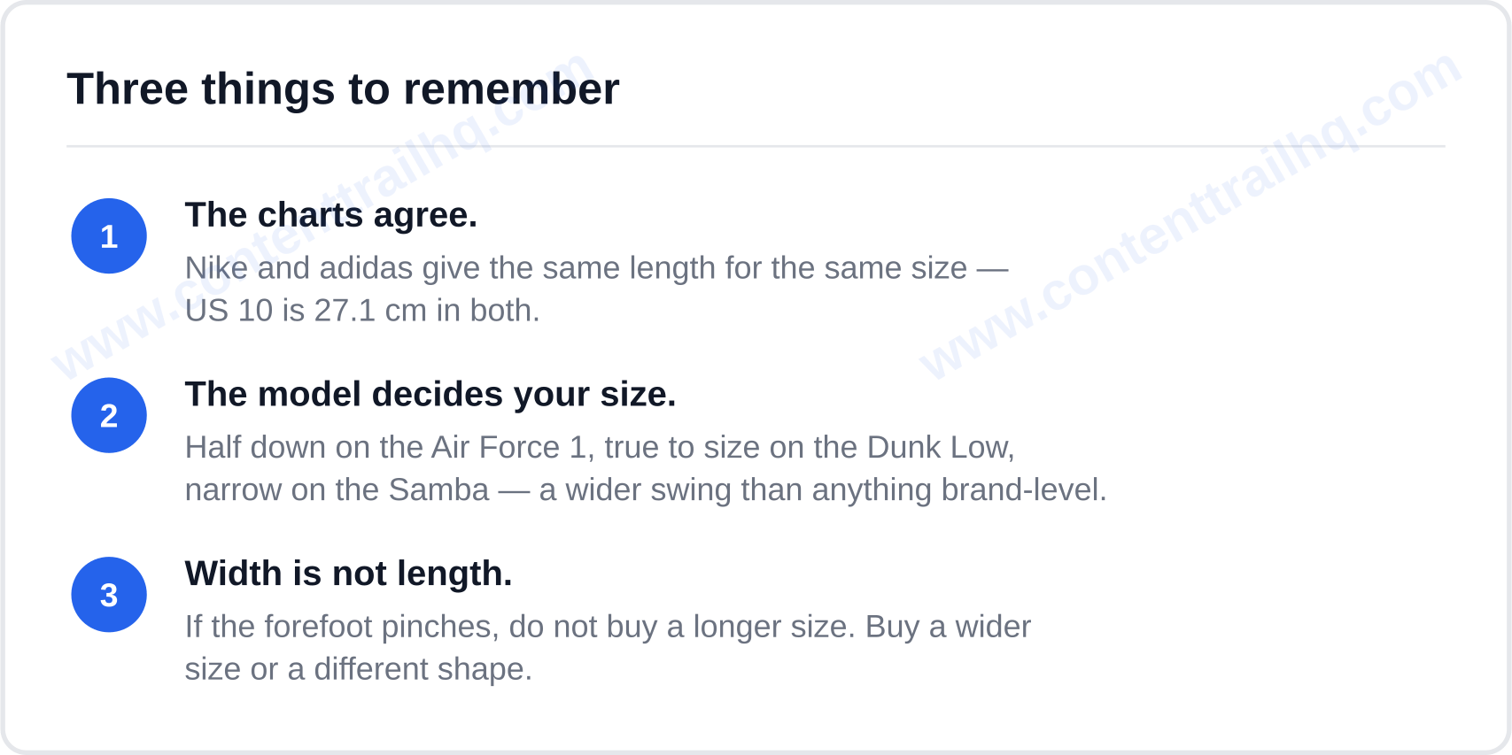 Three things to remember about Nike vs adidas sizing: the charts agree, the model decides your size, and width is not length